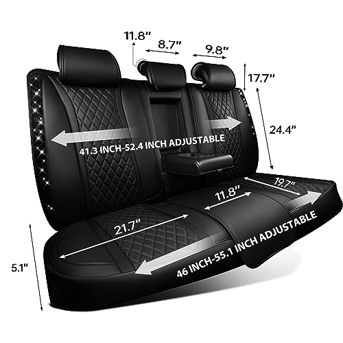 CAR PASS Bling Diamond Back Seat Covers, Nappa Leather Rear Seat Bench Cushion Waterproof Breathable Back Row Protector Universal Fit Car Sedan SUV Pickup Truck Shining Rhinestone Sparkle, Black - color: Black Diamond Rear, size: Back Rear Seats