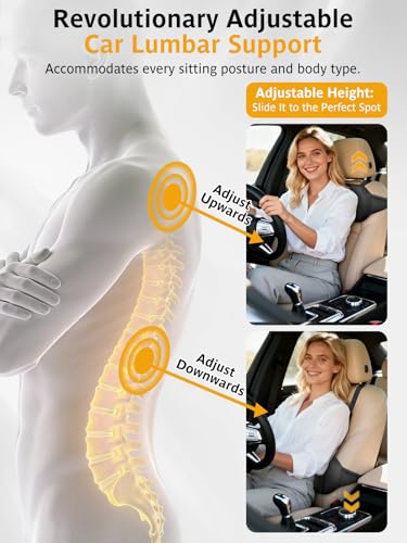 Adjustable Car Seat Lumbar Support Pillow Dual Straps Memory Foam Lower Back Waist Support Cushion with Convex Point Design Removable Cover for Vehicle SUVs Driving Travel Accessories Office Chair