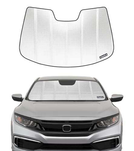 Pigenius Windshield Sun Shade for Honda Civic 2019-2021, Touring 2016-2021, Type R 2020-2021 with Rearview Mirror Mounted Camera. Reflective Aluminum Film Front Window Sunshade - BLAZBLOCK - color: Classic Shiny Silver, size: 2019-2021 All Body Types
