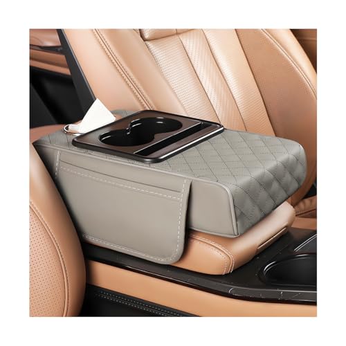 Car Armrest Cushion, 5-in-1 Nappa Leather Vehicle Centre Console Cover with 2 Storage Pockets, Cup Phone & Phone Holder, Multifunctional Auto Organiser Accessories, Universal Fit (Gray) - color: Gray