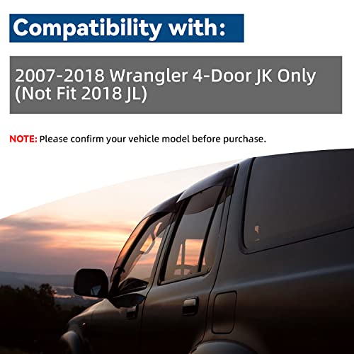Set of 4 Front+Rear Smoke Sun/Rain Guard Outside Mount Tape-On Acrylic Window Visors Compatible with 07-18 Wrangler JK 4-Door - size: For 2007-2018 Jeep Wrangle