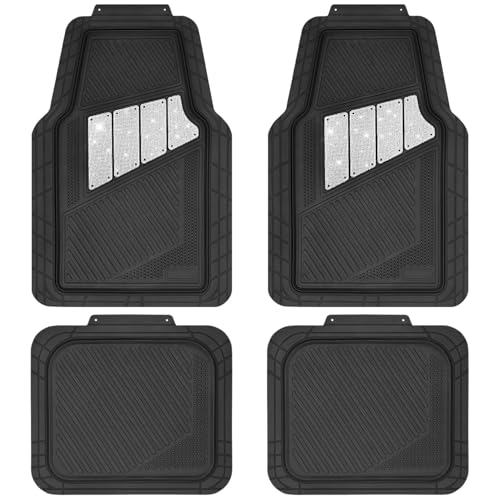 CAR PASS Heavy Duty Rubber Floor Mats 4-Piece Bling Car Mats Full Set - Universal Waterproof Floor Mats for SUV Truck, Durable All Weather Car Mats, Automotive Mats for Women Glitter Silver - color: Black Silver