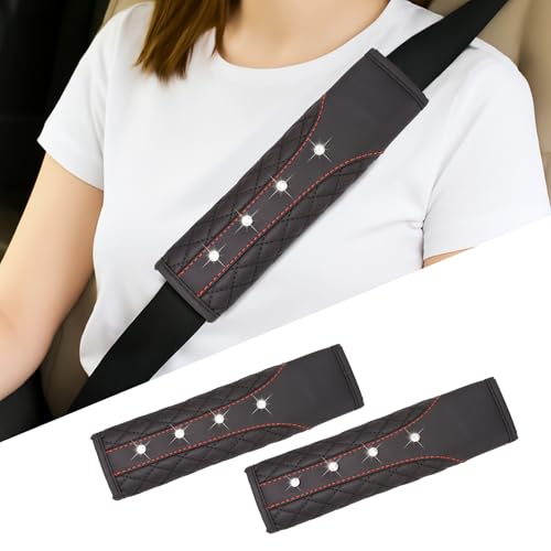 Hovom 2PCS Bling Car Seat Belt Cover Pad, Leather Seatbelt Covers for Cars, Soft Safety Seatbelt Shoulder Strap Covers, Rhinestone Auto Seat Belt Protector Cushion for Women Girls (Black) - color: Black