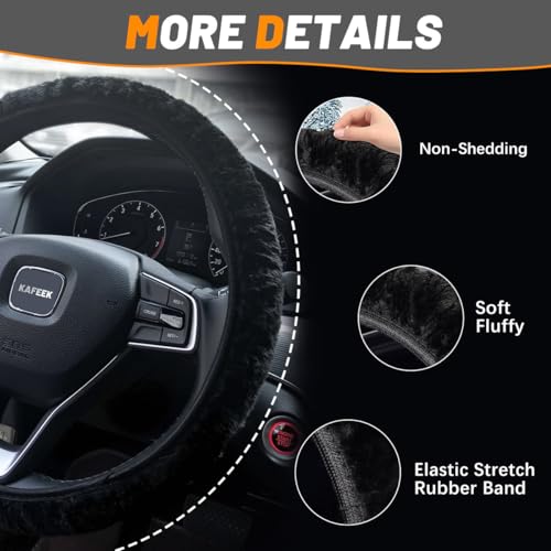 KAFEEK Elastic Long Microfiber Plush Steering Wheel Cover for Winter Warm, Universal 15 inch, Anti-Slip, Odorless, Black - color: Black