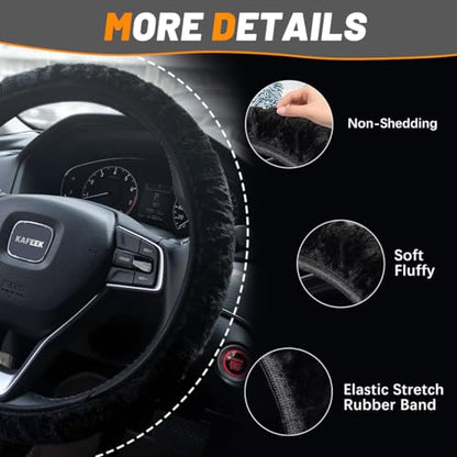 KAFEEK Elastic Long Microfiber Plush Steering Wheel Cover for Winter Warm, Universal 15 inch, Anti-Slip, Odorless, Black - color: Black