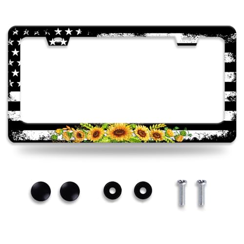 American Flag Sunflower License Plate Frame Patriotic Floral License Plate Frames for Car Decorative Parts Stainless Stee License Plate for Standard Us Canada Funny License Plate Holder 12x6 Inch - color: American Flag Sunflower