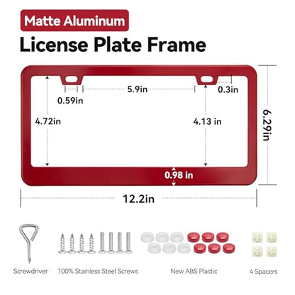 Ohuhu Matte Aluminum License Plate Frame with Red Screw Caps, 2Pcs 2 Holes Red Licenses Plates Frames, Car Licenses Plate Covers Holders for US Vehicles - style: Red - 2 Holes
