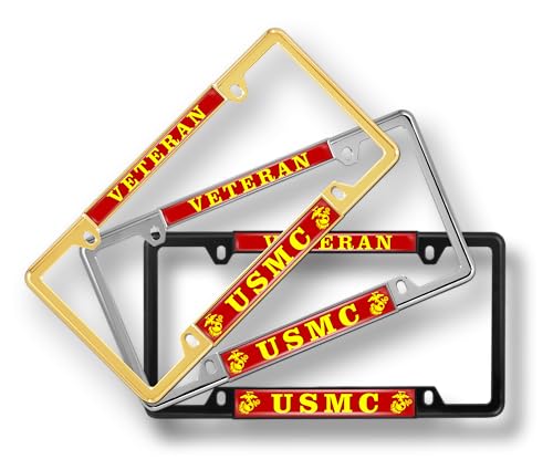 [Officially Licensed US Marine Corps Product] - Veteran USMC with EGA Emblem - Domed Custom-Made Personalized Thin Top 4-Hole Metal Car License Plate Frame with Free caps - Chrome Frame (Qty: 1) - color: Chrome - Style 2