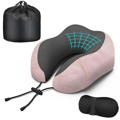 Neck Travel Pillow, Upgraded Memory Foam Pillow for Airplane, Machine Washable, Adjustable Flight Pillow, Suitable for Sleeping Airplane, Car, Office and Home (Pink) - color: Pink