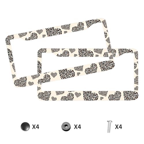 Leopard Print License Plate Frame Boho Cheetah Animal Heart Love Personalise Stainless Steel Funny Design Compatible with Standard License Plate Holder for USA and Canada 6.3 x 12.2 in - color: Leopard Print, size: 6.3 X 12.2 In-1PC