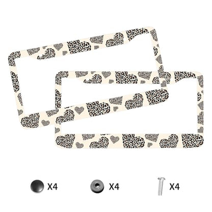Leopard Print License Plate Frame Boho Cheetah Animal Heart Love Personalise Stainless Steel Funny Design Compatible with Standard License Plate Holder for USA and Canada 6.3 x 12.2 in - color: Leopard Print, size: 6.3 X 12.2 In-1PC
