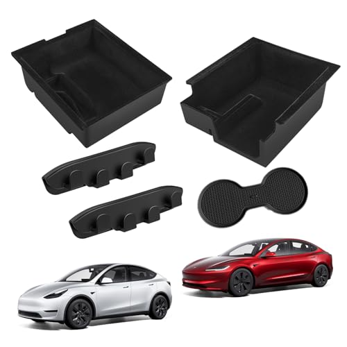 Center Console Organizer for Tesla Model Y 2024-2021 Accessories Storage Organizer SetIncludes for Model 3 2023-2017 Center Console Box, Armrest Box, Cup Holder,2 Seat Back Hook - size: Black 5pcs