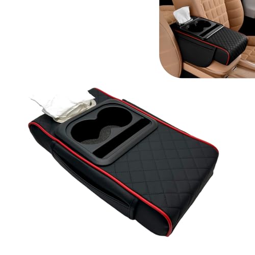 WZP Car Center Console Armrest Pillow, Memory Foam Leather Armrest Cover with Cup Holder Phone Holder Storage Pocket Tissue Holder, Universal Height Enhancement Car Armrest Cushion (Black&Red Line) - color: Black&Red Line