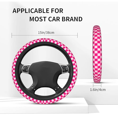 Pink Checkered Steering Wheel Cover Checkered hot Pink Steering Wheel Cover of Wome Anti-Slip Breathable Universal 14-15 Inch Car with 2 Pcs Car Coasters Suitable Men Women - color: Checkered Pink