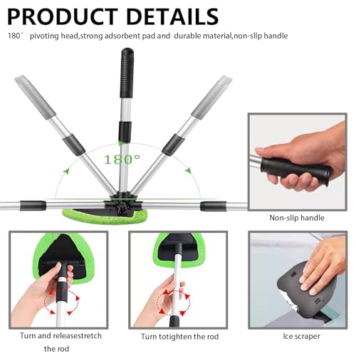 Car Windshield Cleaning Tools, Expandable Car Window Cleaner kit with 4 Reusable Microfiber Pads, Bottles, Windshield Cleaning Wand Tool, Auto Interior Dust Brush, for Trucks, SUVs, RVs etc - color: green