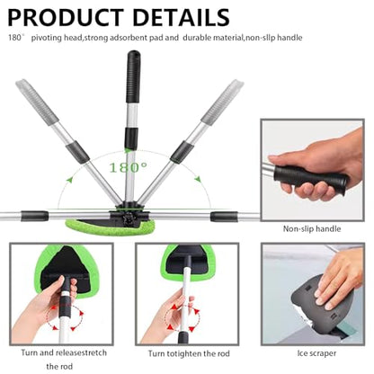 Car Windshield Cleaning Tools, Expandable Car Window Cleaner kit with 4 Reusable Microfiber Pads, Bottles, Windshield Cleaning Wand Tool, Auto Interior Dust Brush, for Trucks, SUVs, RVs etc - color: green