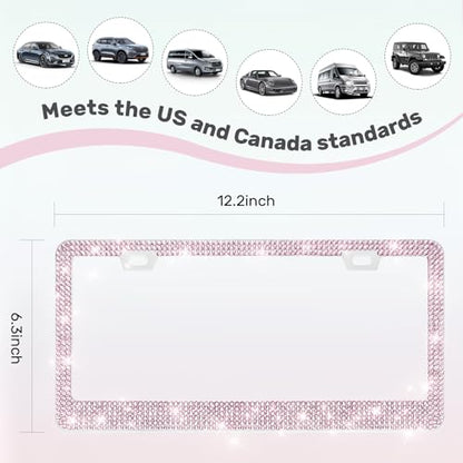 QUANQIUFEI 2 Pack Bling License Plate Frames, Sparkly Rhinestone Diamond Car License Plate Cover for Women, Stainless Steel Car Accessories with Glitter Crystal Caps (Light Rose) - color: Light Rose