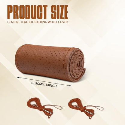 Leather Steering Wheel Cover Lace Up, Car Wheel Cover, Universal Car Steering Wheel Protector, 15 inch, Brown, Hole - color: Brown, size: 15 inch - Hole