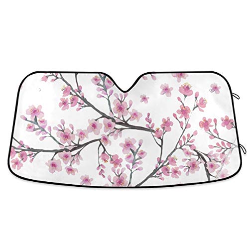 Pink Cherry Blossom Car Windshield Sun Shade Block UV Rays Sun Visor Protector Accordion Folding Sunshade Keep Vehicle Cool and Damage Free, Easy to Use, Fits Windshields of Various Sizes - color: Pink white-pink cherry blossom