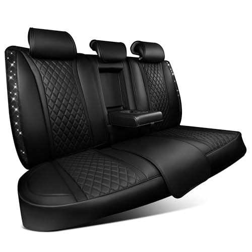 CAR PASS Bling Diamond Back Seat Covers, Nappa Leather Rear Seat Bench Cushion Waterproof Breathable Back Row Protector Universal Fit Car Sedan SUV Pickup Truck Shining Rhinestone Sparkle, Black - color: Black Diamond Rear, size: Back Rear Seats