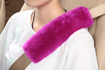 U&M 2 Pack Genuine Sheepskin Auto Seat Belt Cover for Adult Youth Kid Toddlers -Soft Warm Car, Truck, SUV, Camera Backpack Strap Shoulder Pad Wool Fluffy - color: purple pink