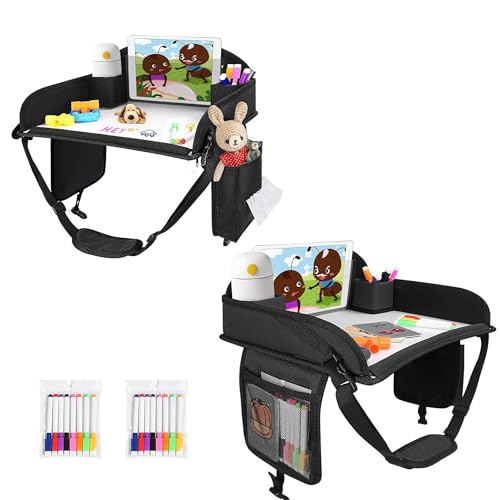Kids Travel Tray, 2Pcs Kids Travel Trays for Car Seat, Road Trip Essentials for Toddler, Carseat Lap Tray with Dry Erase Board & Storage Organizer for Road Trip Activities for Kid, Black - color: Black-2PCS