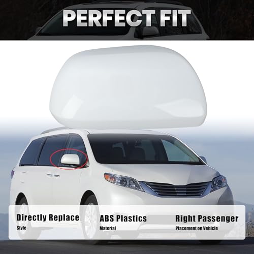 Compatible with 2012-2020 Toyota Sienna Right Side Mirror Cover Cap, White Passenger Side Clip-on Mirror Cap Replacement Without Turn Signal Light Replaces for 87915-08021-A0 - color: Right White
