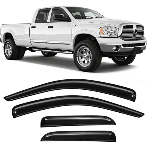 Rain Guards Fit for 2002-2008 Dodge Ram 1500 Quad Cab/Extended Cab/ 03-09 Dodge Ram 2500 3500, Tape-On Extra Durable Side Window Sun Rain Guard Visor Deflectors Black 4 PCS - size: Fit for Dodge Ram 1500 Quad Cab 2002-2008