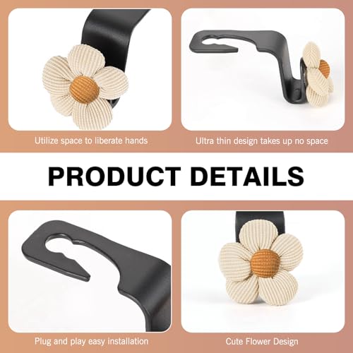 Downhill 2 PCS Car Headrest Hooks, Cute Flower Car Seat Storage Hook, Portable Car Seat Storage Hooks, Universal Car Seat Accessory, Suitable for Wallets and Bag Outer Covers (Beige)