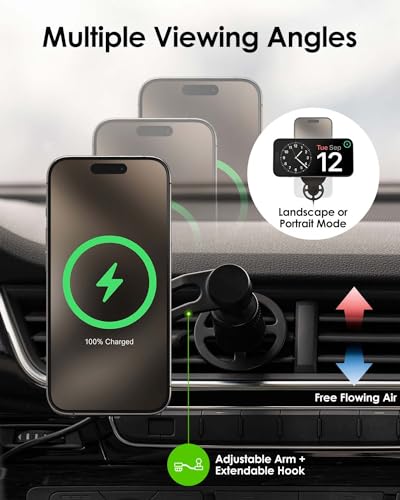 Mophie Qi2 snap+ Magnetic Wireless Charging Vent Mount - Fast 15W Qi-Enabled Charger for iPhone 17/16/15/14/13/12, Universal Car Compatibility, 30W Car Charger Adapter Included, USB-C, Black