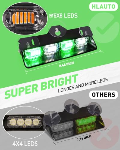HLauto 2002L Emergency Dash Strobe Lights: Green White Safety Lights, Flashing Warning Hazard Windshield Visor Traffic Light Bars for Trucks, Construction Vehicles (2x8.5 inch, 48LED) - color: Green/White
