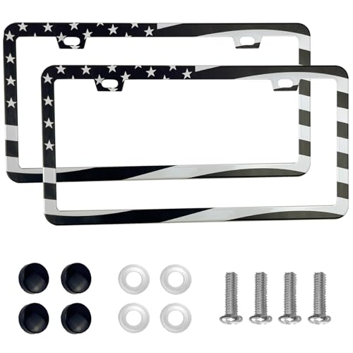 2PCS Premium American Flag License Plate Frame, Black License Plate Frames, 2 Holes Solid Stainless Steel License Plate Holder, Universal Car License Plate Frame for USA Flag, by Lengnoyp - color: black USA flag