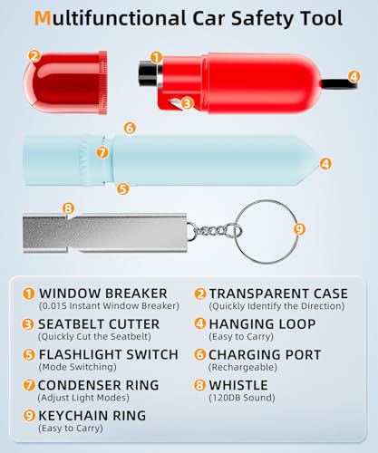 TICARVE Emergency Window Breaker Seatbelt Cutter, LED Flashlight & 120dB Survival Whistle- Automotive Safety Equipment-Emergency Escape Tool Kit - color: Red