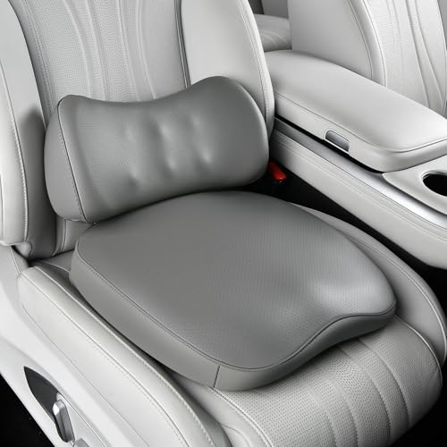 Coverado Memory Foam Car Seat Cushion and Lumbar Support Pillow for Driving Seat, Ergonomic Design Soft and Breathable PU Leather, High Density Memory Foam for Neck & Lower Back Pain Relie - color: Gray, size: Lumbar Support+Cushion