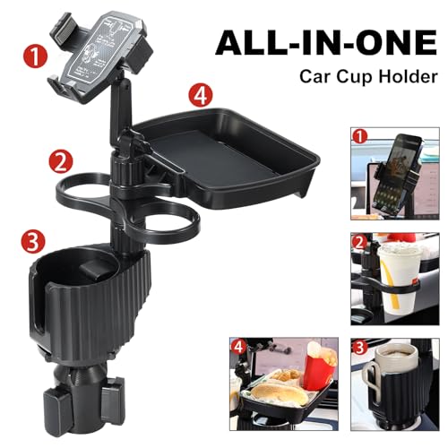 Car Large Cup Holder Expander, 5-in-1 Cupholder Extender with Phone Holder & Swivel and Detachable Snack Food Tray Table for Eating, Travel Essentials for Road Trips for Driver. Model C