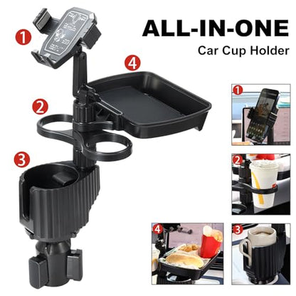 Car Large Cup Holder Expander, 5-in-1 Cupholder Extender with Phone Holder & Swivel and Detachable Snack Food Tray Table for Eating, Travel Essentials for Road Trips for Driver. Model C