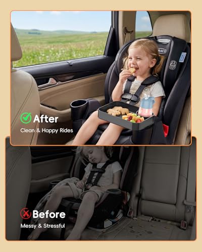 Toddler Car Seat Snack Tray - 3 Inch Cup Holder with Dip Well Fits Most Sippy Cups & Straw Bottles, Mess-Free Square Kids Travel Tray Road Trip Essentials, Black