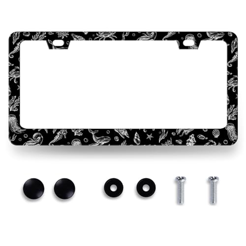Black White Sea Animals License Plate Frame Shell Seahorse License Plate Holders Ocean Funny Stainless Steel Car Bracket 2 Holes With Screws Universal Auto Accessory License Plate Frames 6.2x12.2 Inch - color: Funny Sea Animals Seahorse Shell Fish