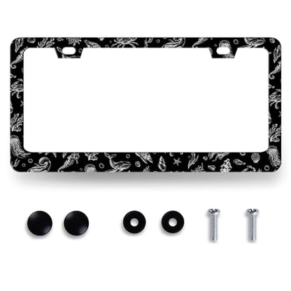 Black White Sea Animals License Plate Frame Shell Seahorse License Plate Holders Ocean Funny Stainless Steel Car Bracket 2 Holes With Screws Universal Auto Accessory License Plate Frames 6.2x12.2 Inch - color: Funny Sea Animals Seahorse Shell Fish