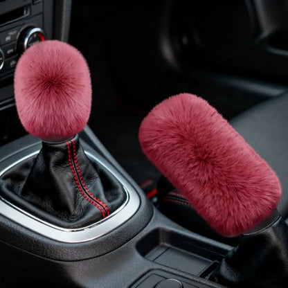 2PCS Plush Car Gear Shift Knob Cover & Handbrake Cover, Shift Knob Protector, Soft Fluffy Gear Handbrake Protective Sleeves, Shifter Lever Brake Handle Warm Plush Set for Cars (Wine Red) - color: Wine Red