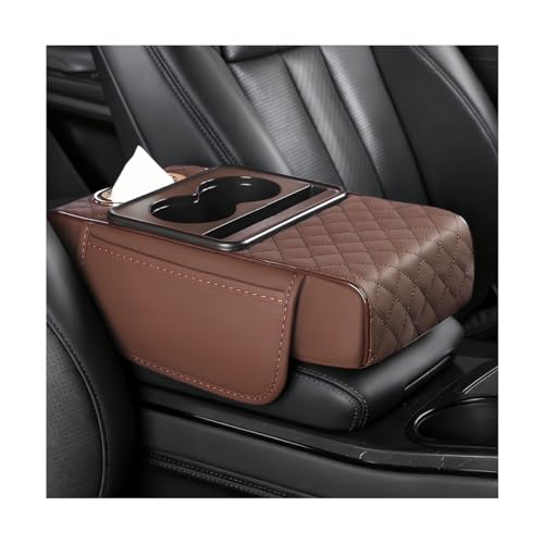 Car Armrest Cushion, 5-in-1 Nappa Leather Vehicle Centre Console Cover with 2 Storage Pockets, Cup Phone & Phone Holder, Multifunctional Auto Organiser Accessories, Universal Fit (Coffee) - color: Coffee