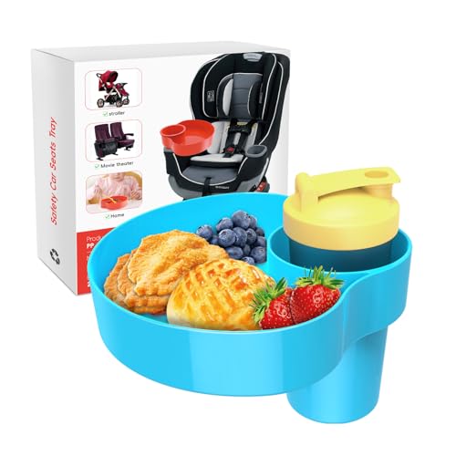 Car Seat Snack Tray for Kids: Kids Car Travel Tray with Cup Holder, Toddlers Road Trip Essential, Snacks Food Plate for Stroller, SnackTray with a Cup Holder (2, Sky Blue) - color: sky blue