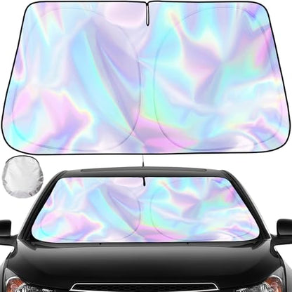 Iridescent Sun Shade for Car Windshield, Foldable Universal Car Windshield Upgrade Sunshade Enhanced UV Rays Reflective Sun Visor Shade Keeps Vehicle Cool - color: Silver- Colorful, 57"x31.5"