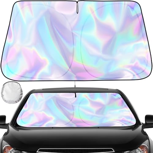 Iridescent Sun Shade for Car Windshield, Foldable Universal Car Windshield Upgrade Sunshade Enhanced UV Rays Reflective Sun Visor Shade Keeps Vehicle Cool - color: Silver- Colorful, 57"x31.5"