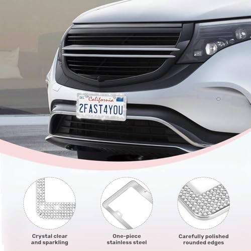 2 Pack License Plate Frames for Women, Sparkly Rhinestone Diamond Car Accessories with Glitter Crystal Caps (White (2PCS)) - color: White (2PCS)