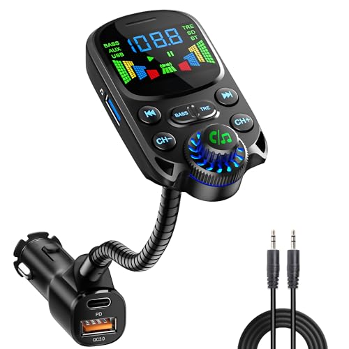 Bluetooth 5.3 FM Transmitter for Car SOARUN Bluetooth Car Adapter PD30W & USB Port Fast Charge, HiFi Treble & Bass Player, 1.6" Display Hands-Free Calling Truck Radio with AUX Input/Output, TF Card