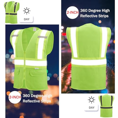 High Visibility Reflective Safety Vest with Zipper and Pockets grass green,M - color: Grass Green, size: Medium