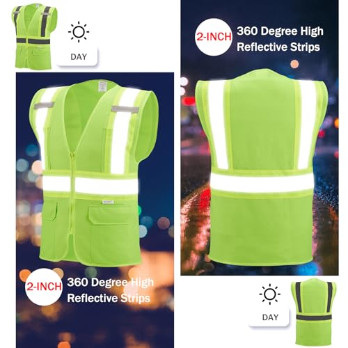 High Visibility Reflective Safety Vest with Zipper and Pockets grass green,L - color: Grass Green, size: Large