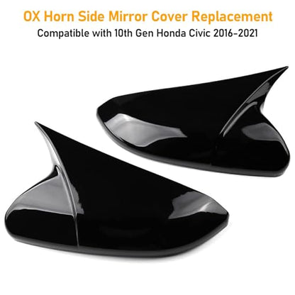 Moonlinks Compatible with 2016-2021 Honda Civic Side Ox Horn Mirror Cover Overlay, Glossy Black LH & RH Side Door Rearview Mirror Cap Trim for 10th Gen Civic,2019-2022 Insight,(1 Pair) - size: 10th OX Horns -Pair Black