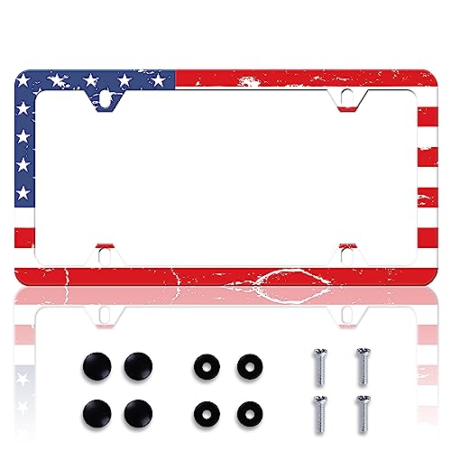 Vintage American Flag License Plate Frame Patriotic License Plate Frames Personalise Stainless Steel Funny Design Compatible with Standard License Plate Holder for USA and Canada 6 X 12 with Screws - color: Vintage American Flag